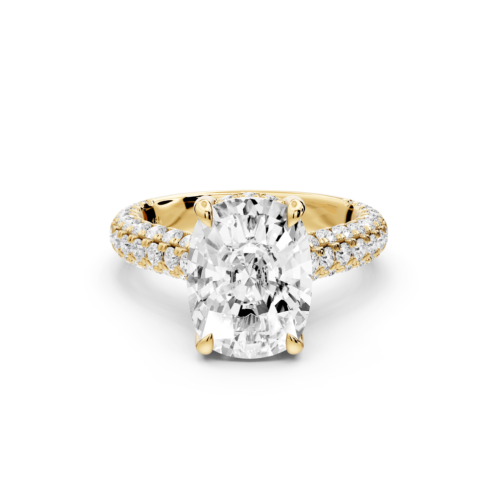 Amoria - 4ct 14k yellow gold ecushion Diamond Engagement Ring with Pavé Band & Hidden Halo - Mr. Alex Jewelry
