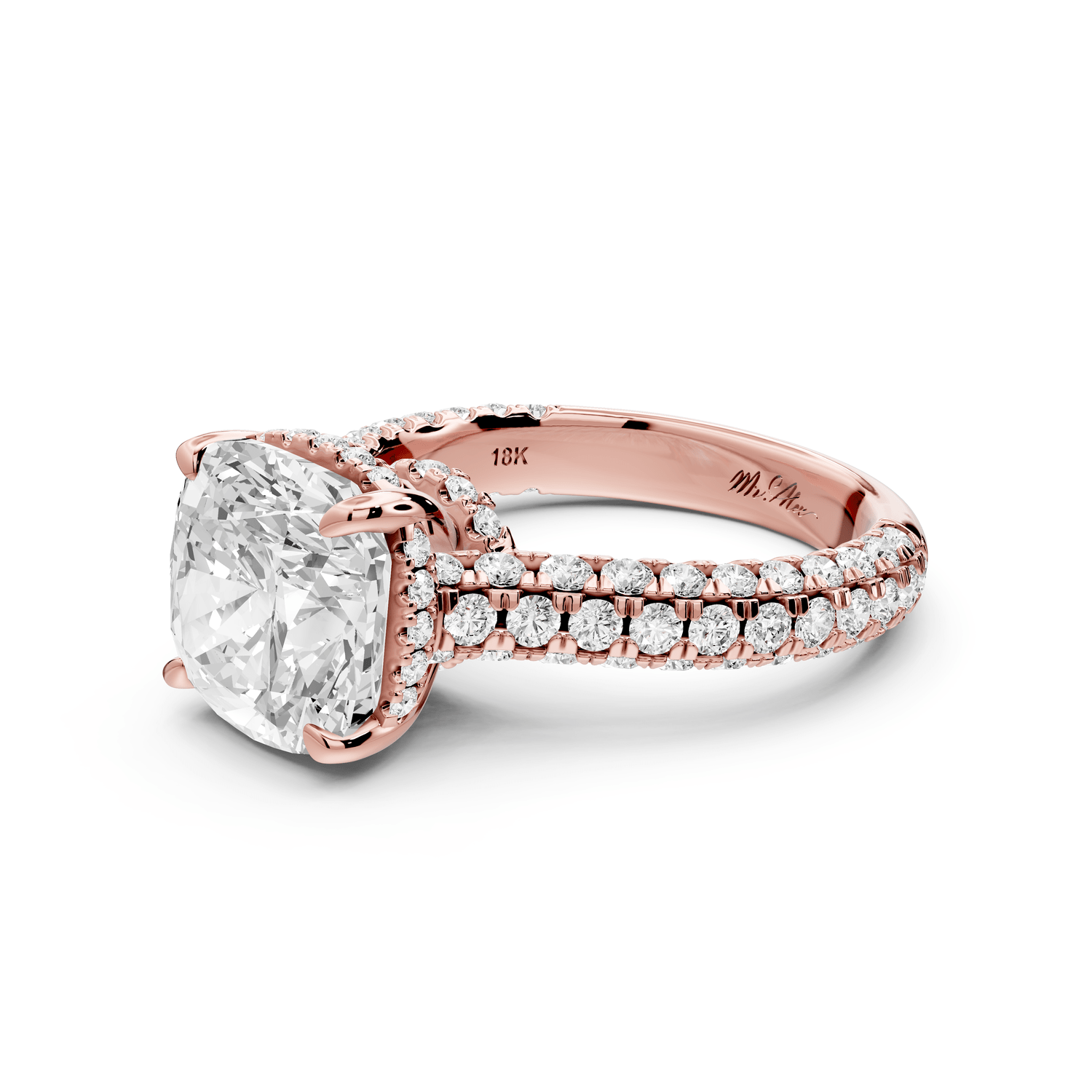 Amoria - 4ct 18k rose gold cushion Diamond Engagement Ring with Pavé Band & Hidden Halo - Mr. Alex Jewelry