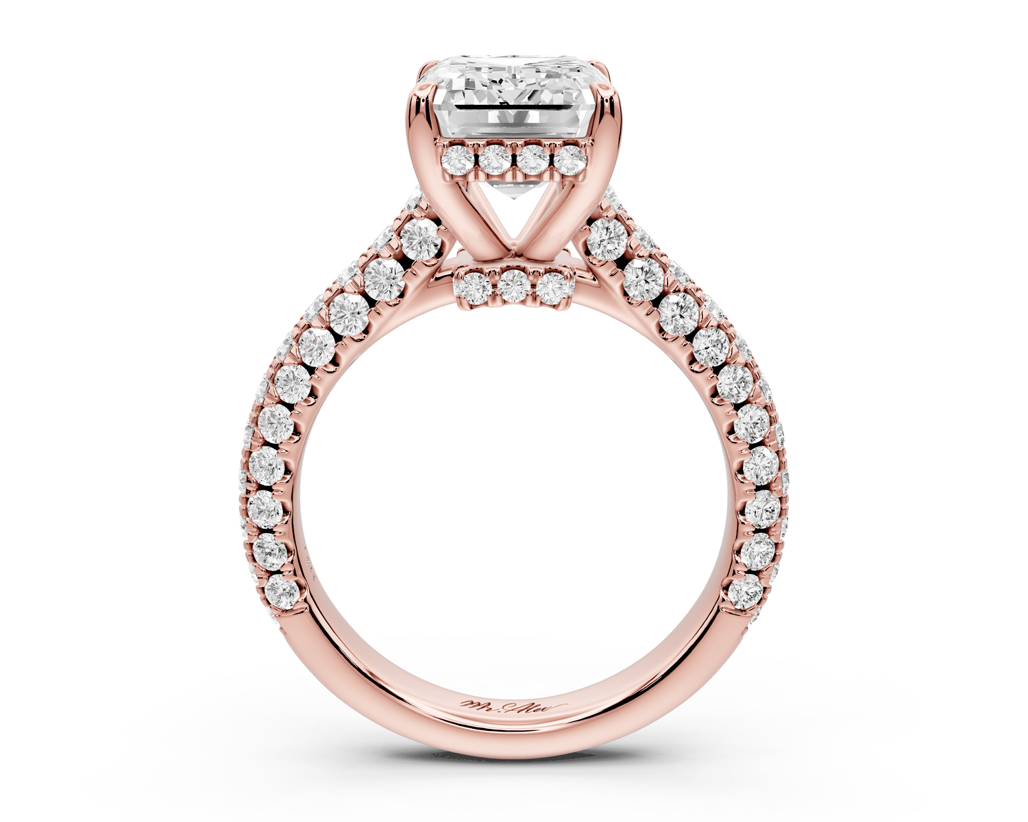 Amoria - 4ct 18k rose gold emerald Diamond Engagement Ring with Pavé Band & Hidden Halo - Mr. Alex Jewelry