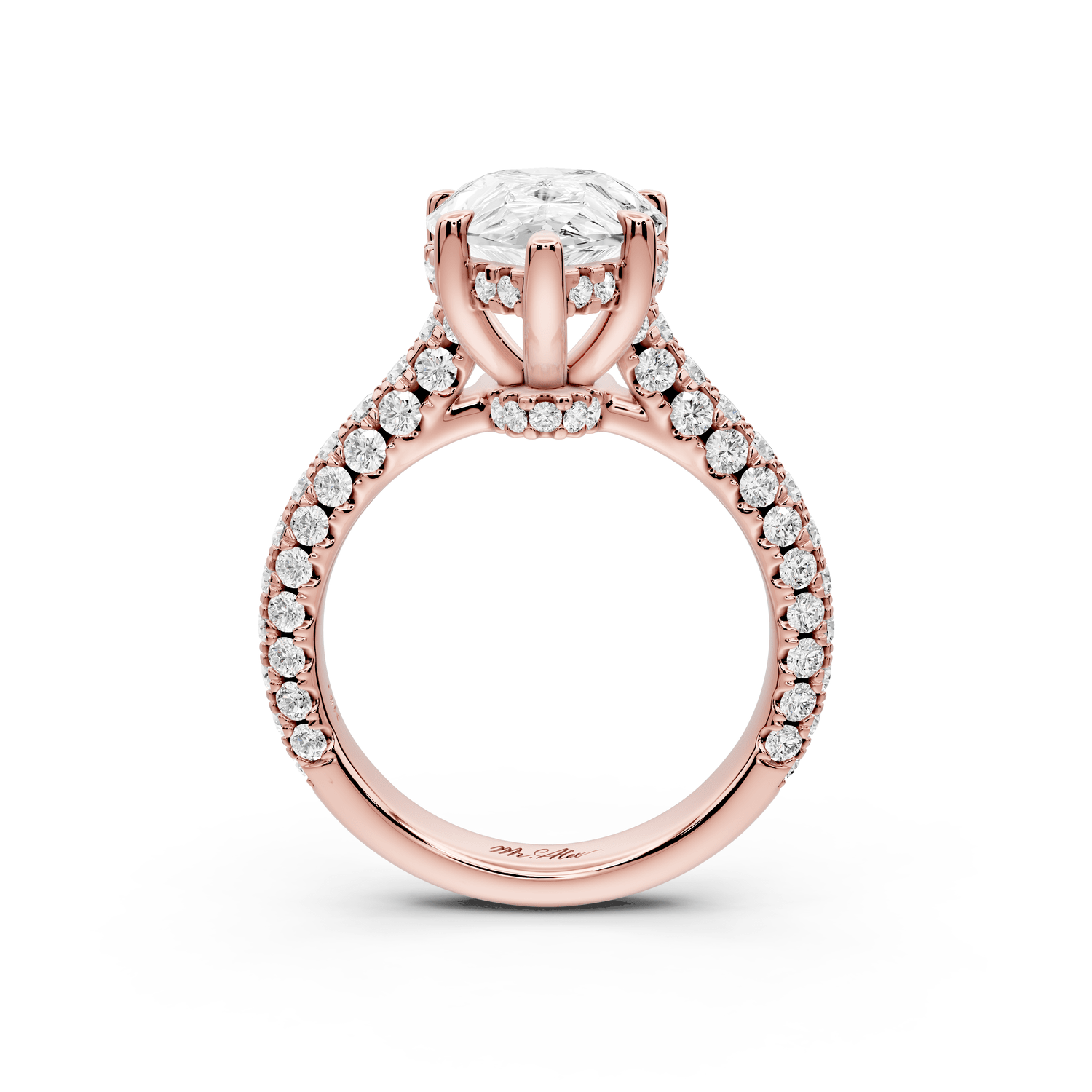 Amoria - 4ct 18k rose gold pear Diamond Engagement Ring with Pavé Band & Hidden Halo - Mr. Alex Jewelry