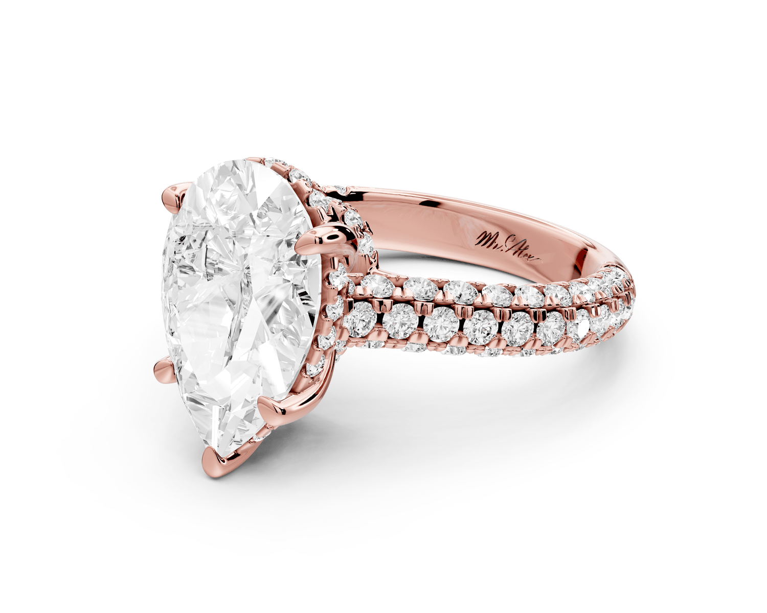 Amoria - 4ct 18k rose gold pear Diamond Engagement Ring with Pavé Band & Hidden Halo - Mr. Alex Jewelry