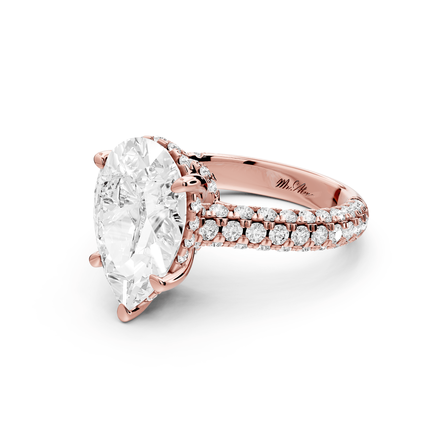 Amoria - 4ct 18k rose gold pear Diamond Engagement Ring with Pavé Band & Hidden Halo - Mr. Alex Jewelry