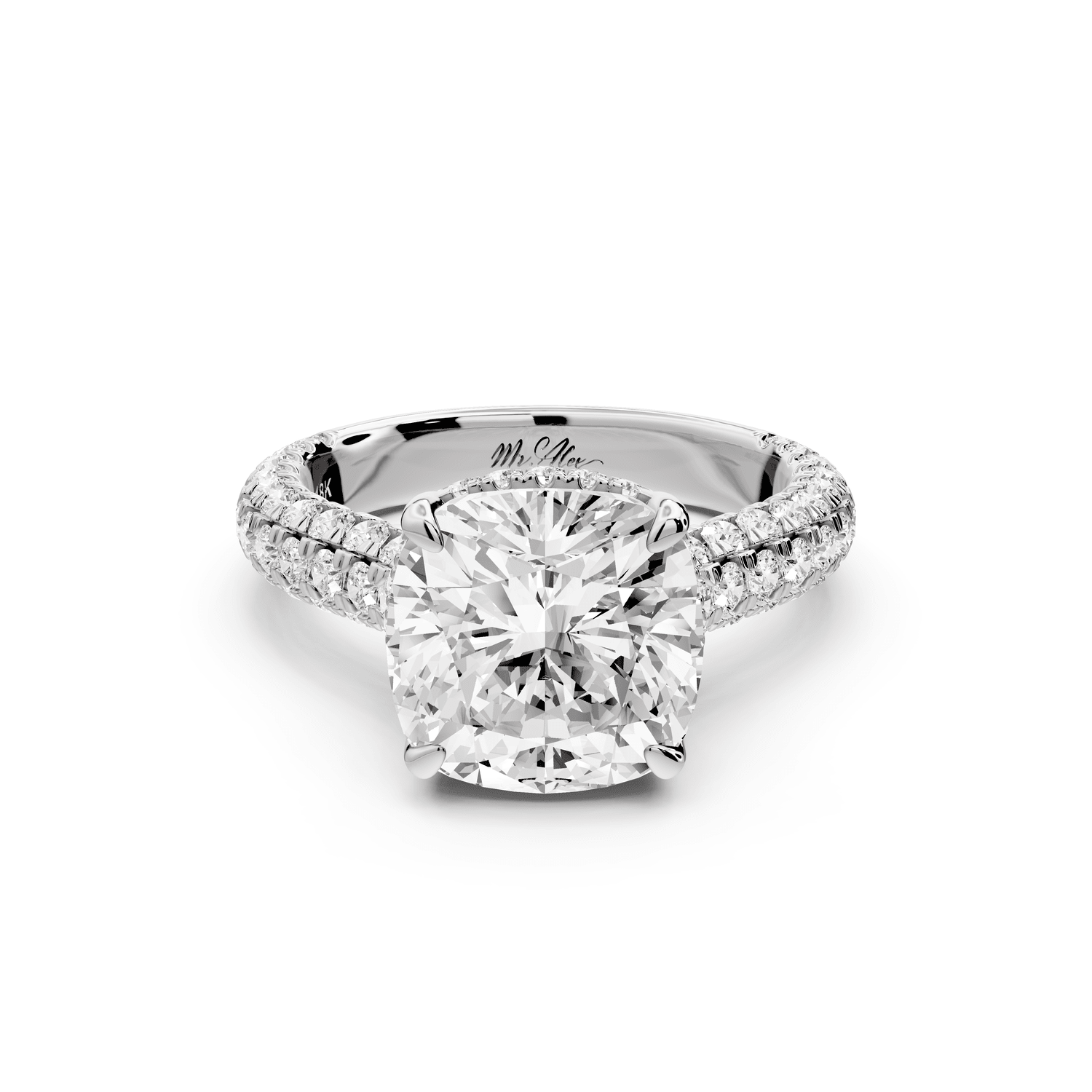 Amoria - 4ct 18k white gold cushion Diamond Engagement Ring with Pavé Band & Hidden Halo - Mr. Alex Jewelry