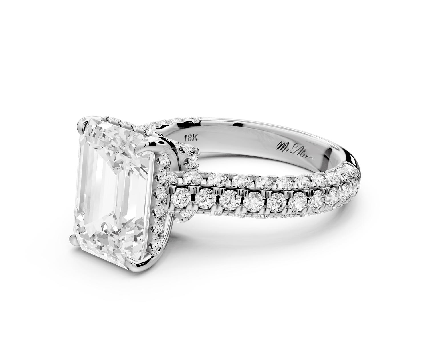 Amoria - 4ct 18k white gold emerald Diamond Engagement Ring with Pavé Band & Hidden Halo - Mr. Alex Jewelry