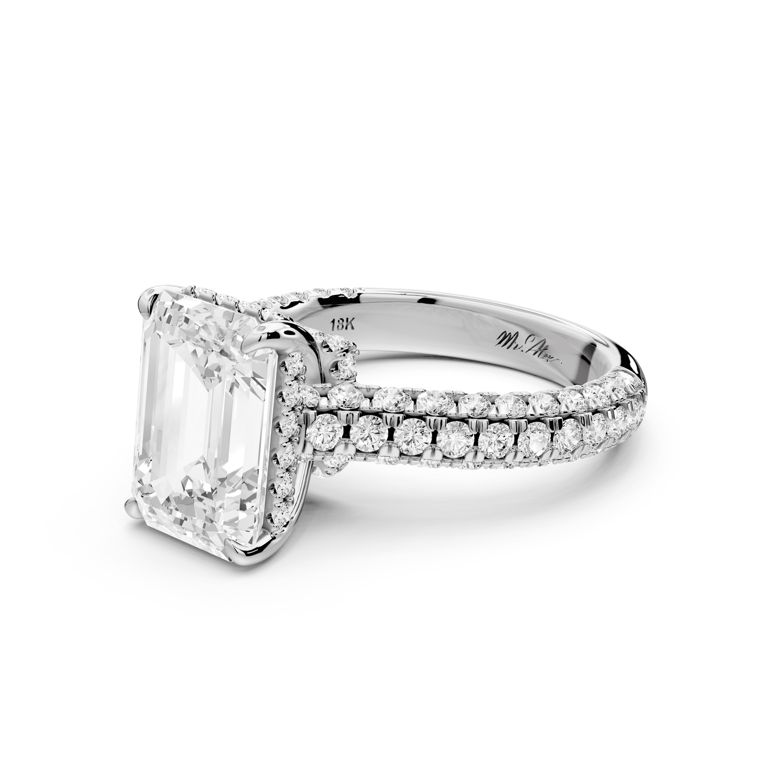 Amoria - 4ct 18k white gold emerald Diamond Engagement Ring with Pavé Band & Hidden Halo - Mr. Alex Jewelry