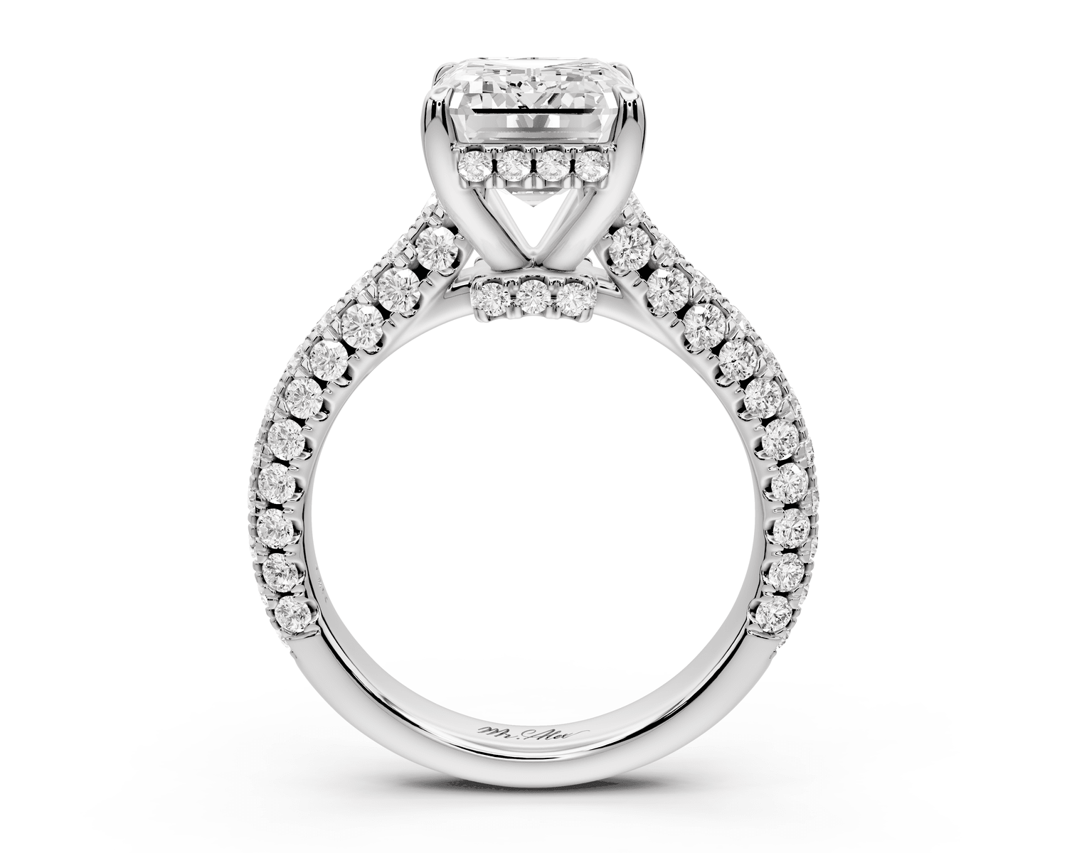 Amoria - 4ct 18k white gold emerald Diamond Engagement Ring with Pavé Band & Hidden Halo - Mr. Alex Jewelry