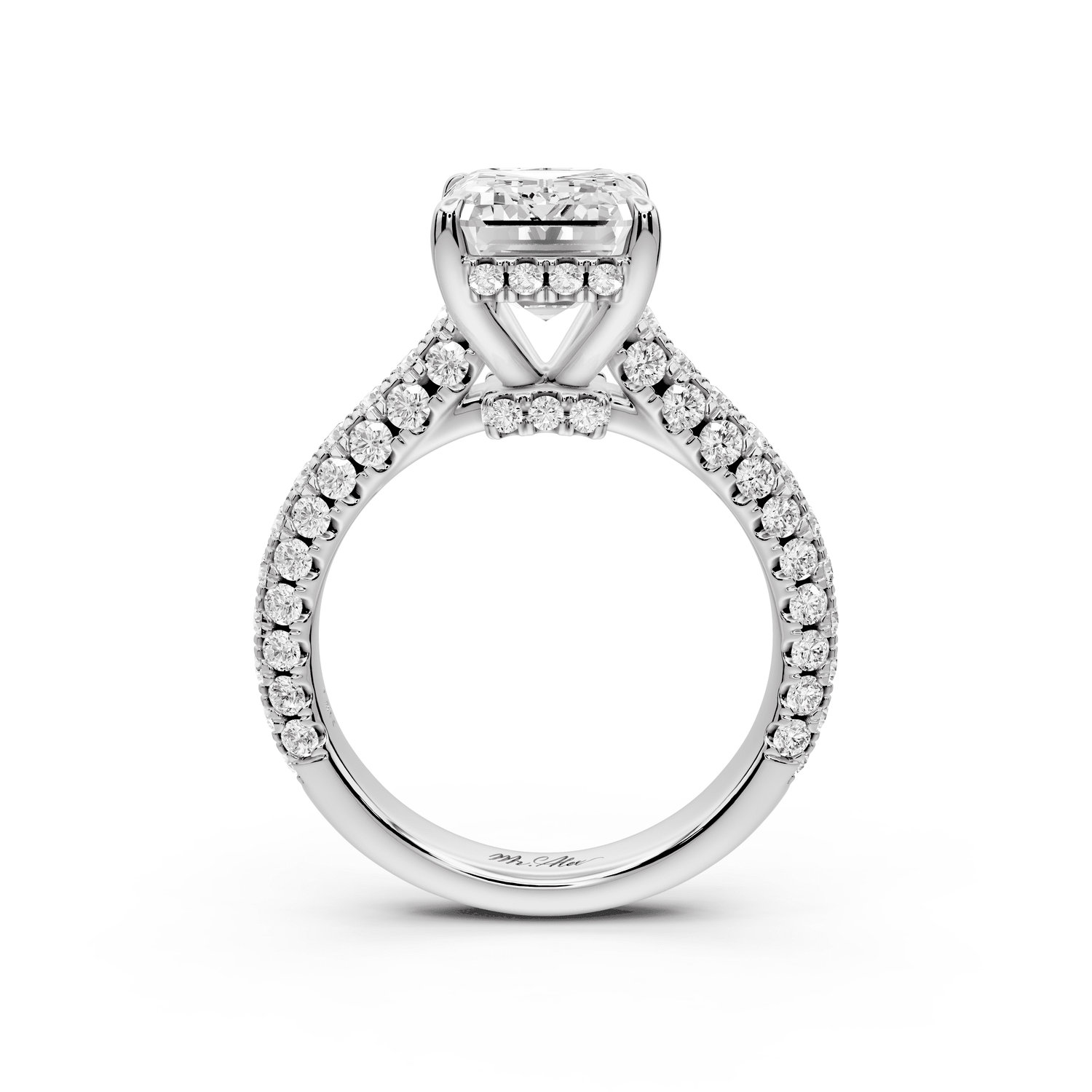Amoria - 4ct 18k white gold emerald Diamond Engagement Ring with Pavé Band & Hidden Halo - Mr. Alex Jewelry