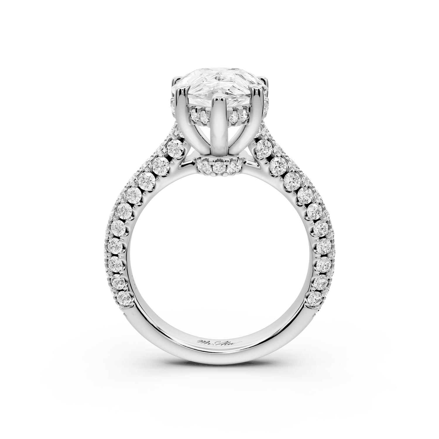 Amoria - 4ct 18k white gold pear Diamond Engagement Ring with Pavé Band & Hidden Halo - Mr. Alex Jewelry
