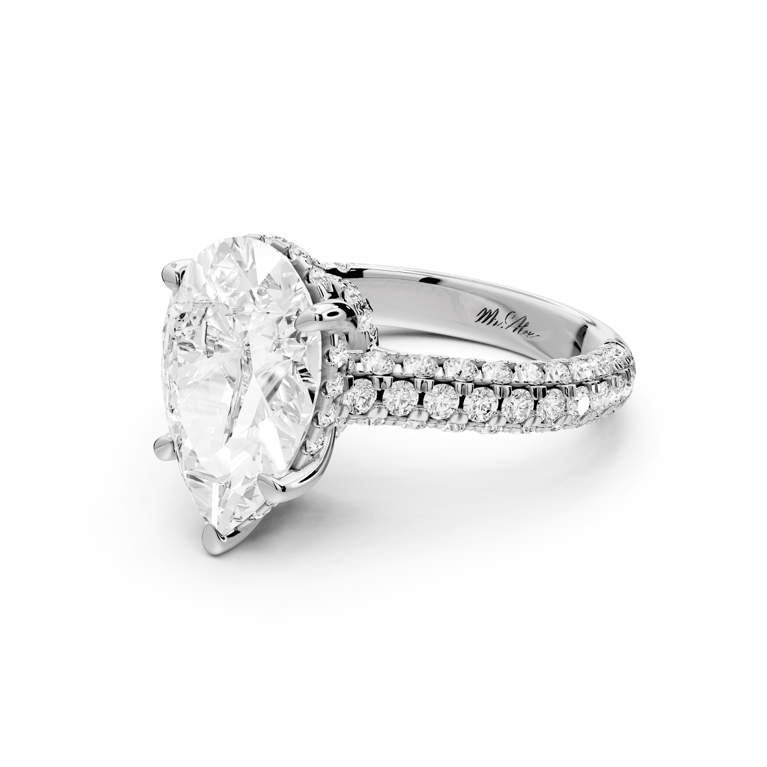 Amoria - 4ct 18k white gold pear Diamond Engagement Ring with Pavé Band & Hidden Halo - Mr. Alex Jewelry
