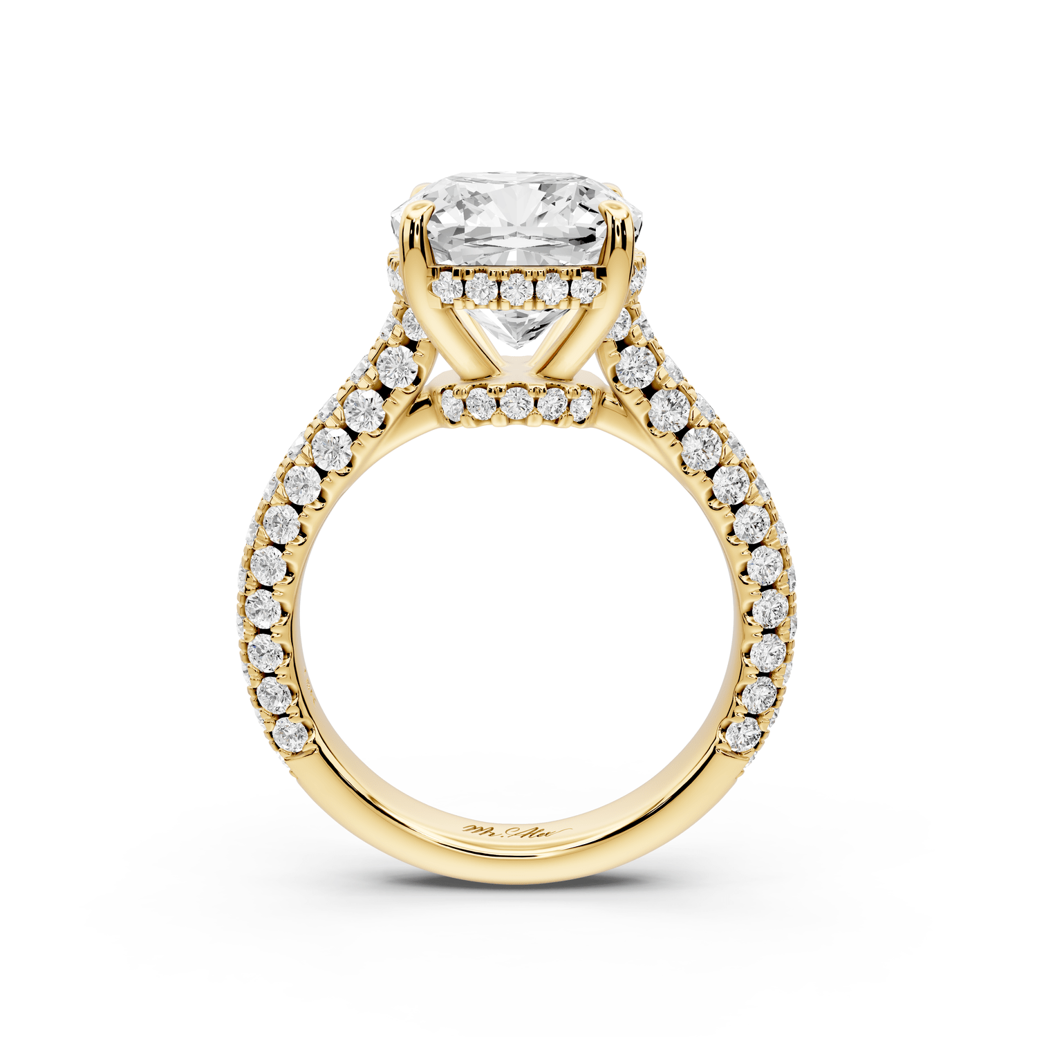 Amoria - 4ct 18k yellow gold cushion Diamond Engagement Ring with Pavé Band & Hidden Halo - Mr. Alex Jewelry