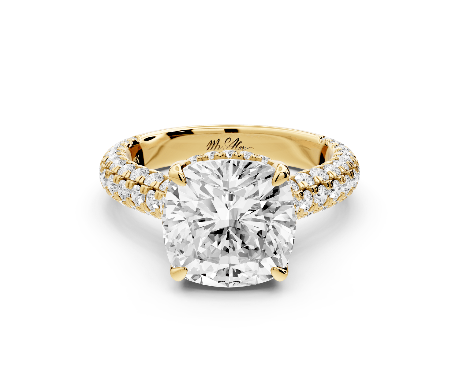 Amoria - 4ct 18k yellow gold cushion Diamond Engagement Ring with Pavé Band & Hidden Halo - Mr. Alex Jewelry