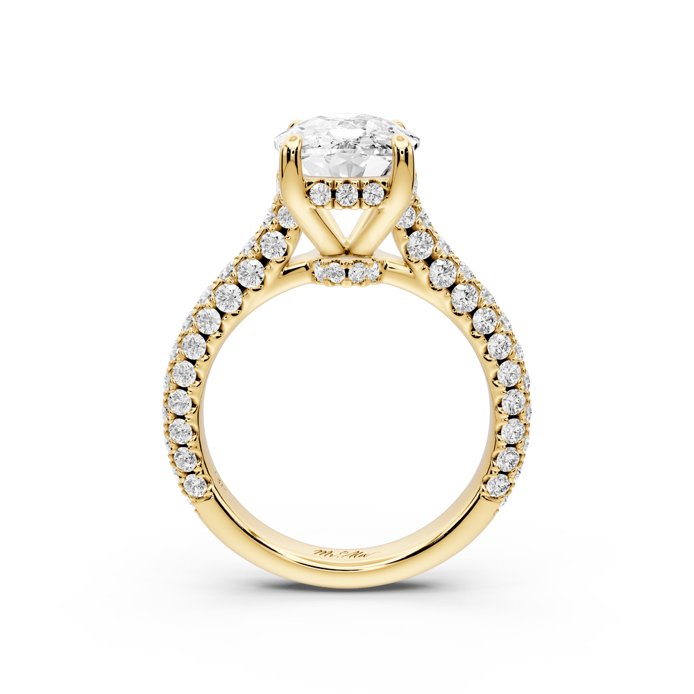 Amoria - 4ct 18k yellow gold ecushion Diamond Engagement Ring with Pavé Band & Hidden Halo - Mr. Alex Jewelry