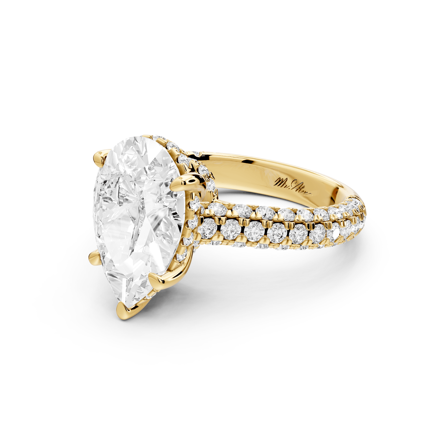 Amoria - 4ct 18k yellow gold pear Diamond Engagement Ring with Pavé Band & Hidden Halo - Mr. Alex Jewelry