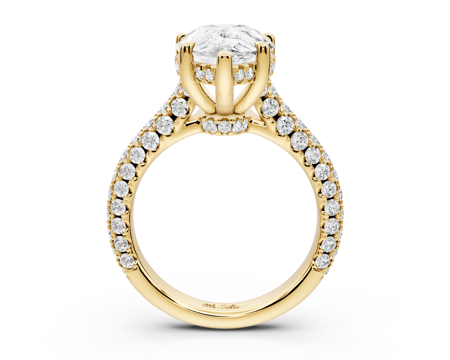 Amoria - 4ct 18k yellow gold pear Diamond Engagement Ring with Pavé Band & Hidden Halo - Mr. Alex Jewelry