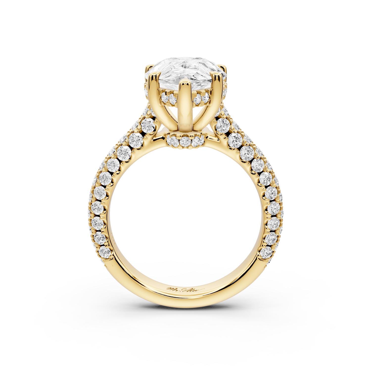 Amoria - 4ct 18k yellow gold pear Diamond Engagement Ring with Pavé Band & Hidden Halo - Mr. Alex Jewelry