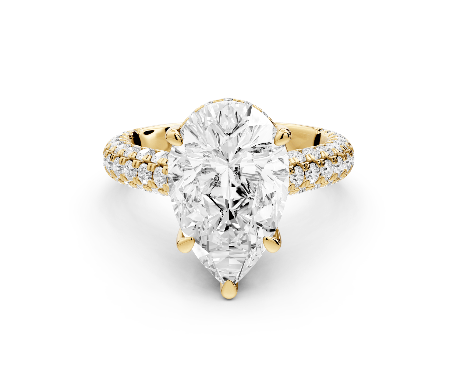 Amoria - 4ct 18k yellow gold pear Diamond Engagement Ring with Pavé Band & Hidden Halo - Mr. Alex Jewelry