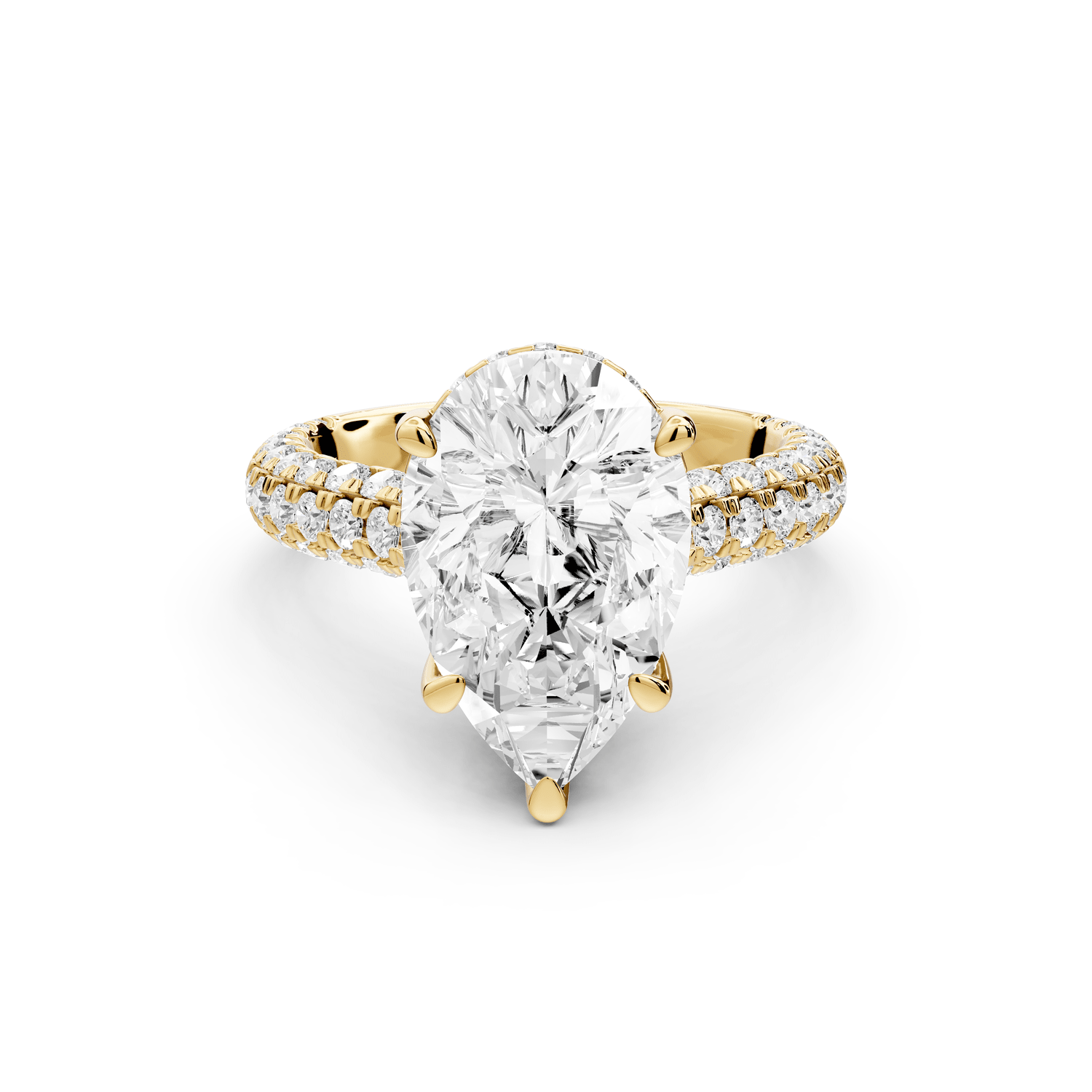 Amoria - 4ct 18k yellow gold pear Diamond Engagement Ring with Pavé Band & Hidden Halo - Mr. Alex Jewelry