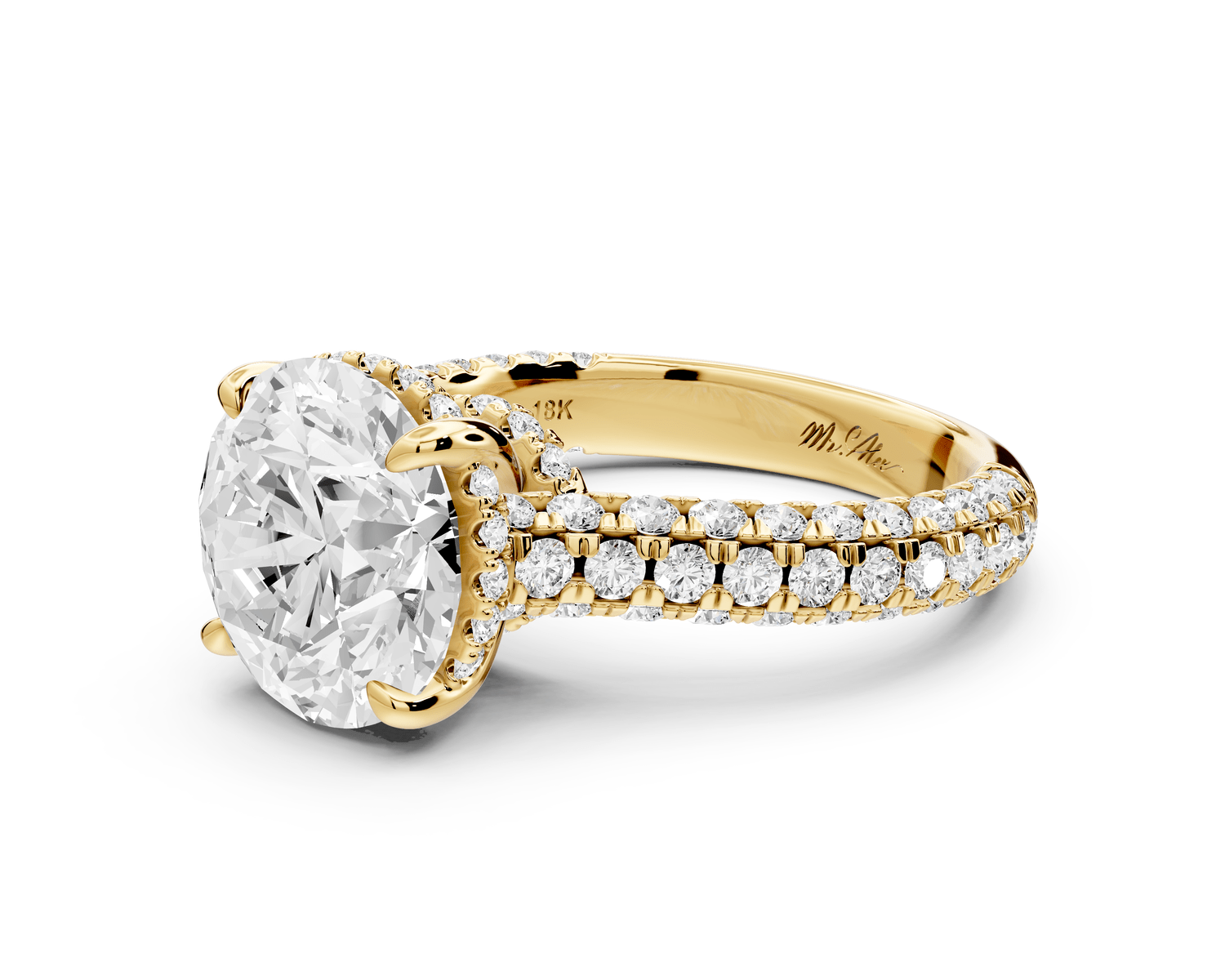 Amoria - 4ct 18k yellow gold round Diamond Engagement Ring with Pavé Band & Hidden Halo - Mr. Alex Jewelry