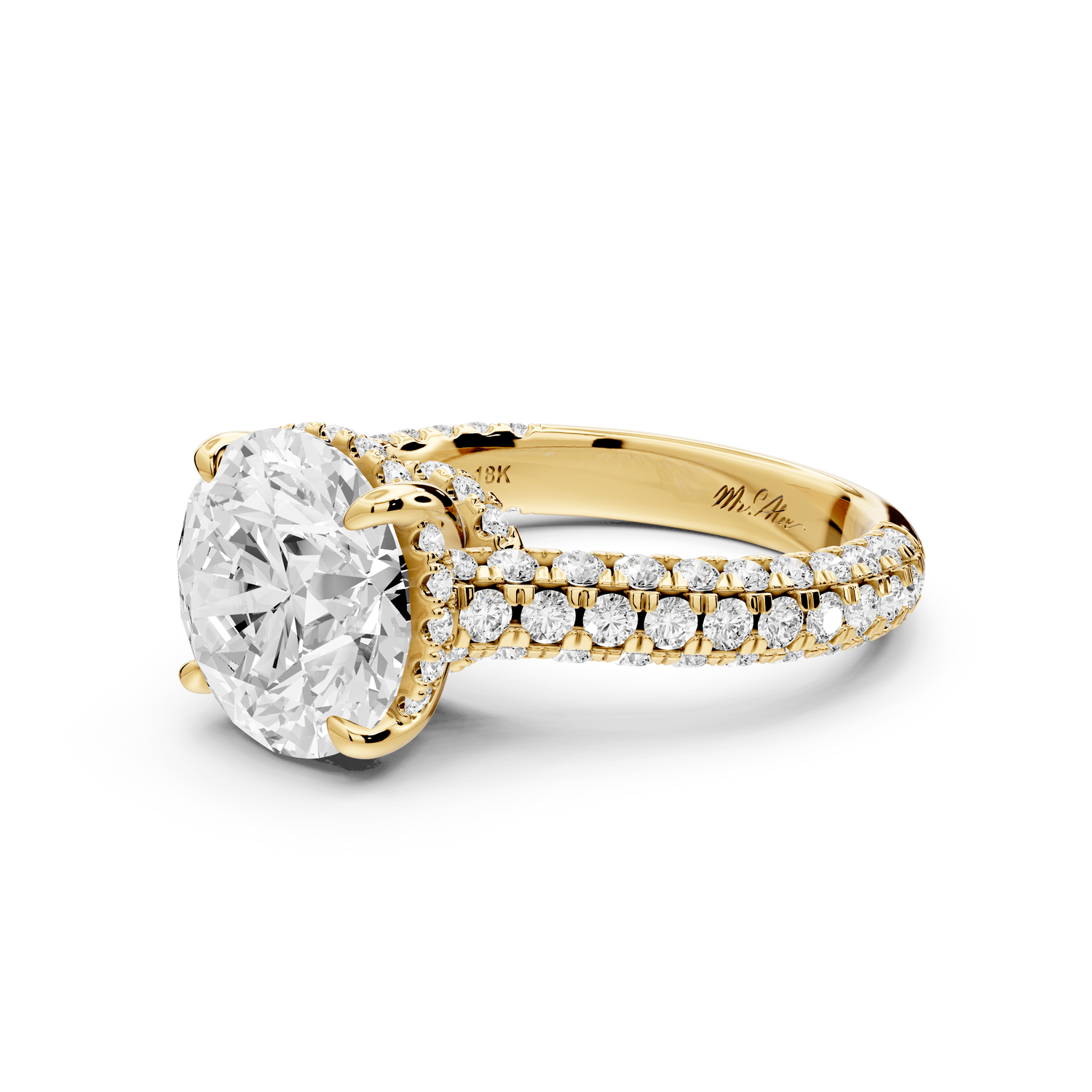Amoria - 4ct 18k yellow gold round Diamond Engagement Ring with Pavé Band & Hidden Halo - Mr. Alex Jewelry