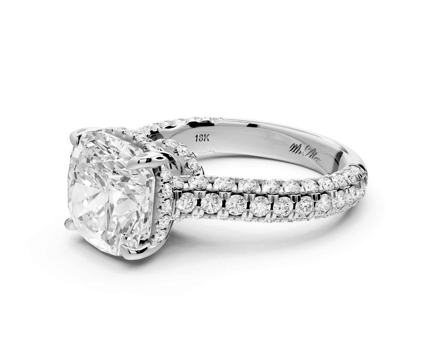 Amoria - 4ct platinum cushion Diamond Engagement Ring with Pavé Band & Hidden Halo - Mr. Alex Jewelry