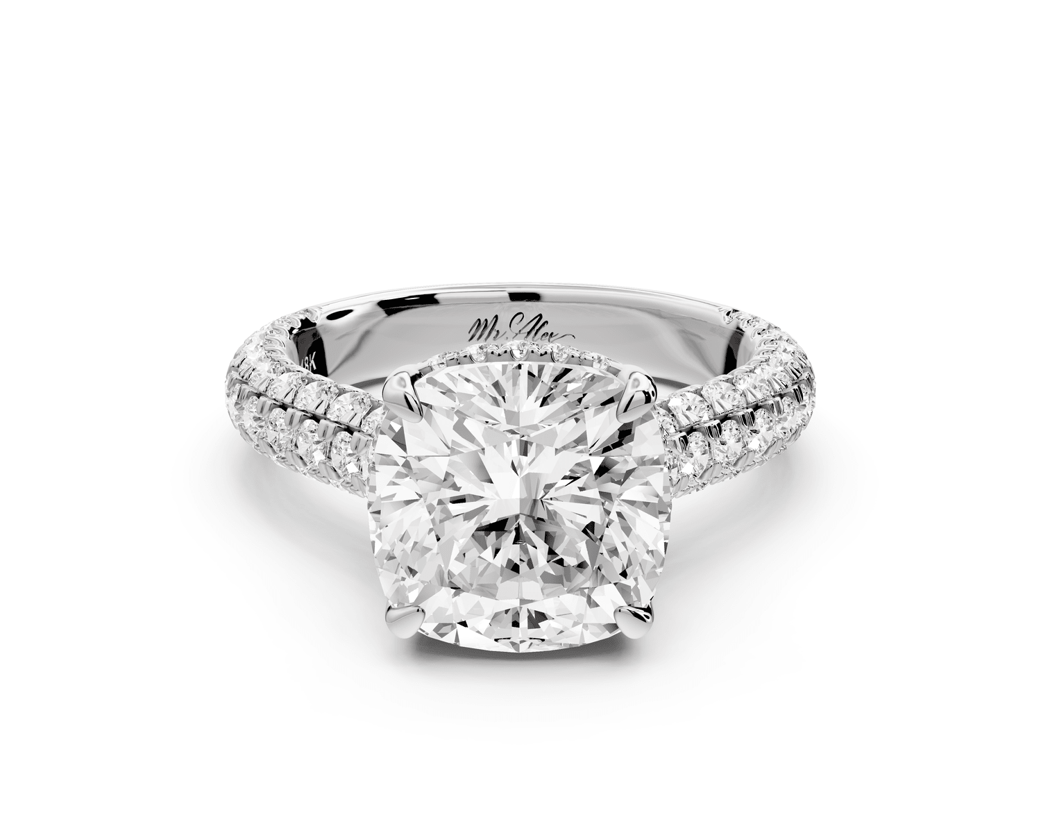 Amoria - 4ct platinum cushion Diamond Engagement Ring with Pavé Band & Hidden Halo - Mr. Alex Jewelry