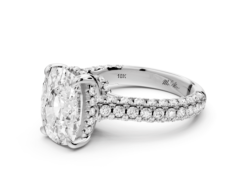 Amoria - 4ct platinum ecushion Diamond Engagement Ring with Pavé Band & Hidden Halo - Mr. Alex Jewelry