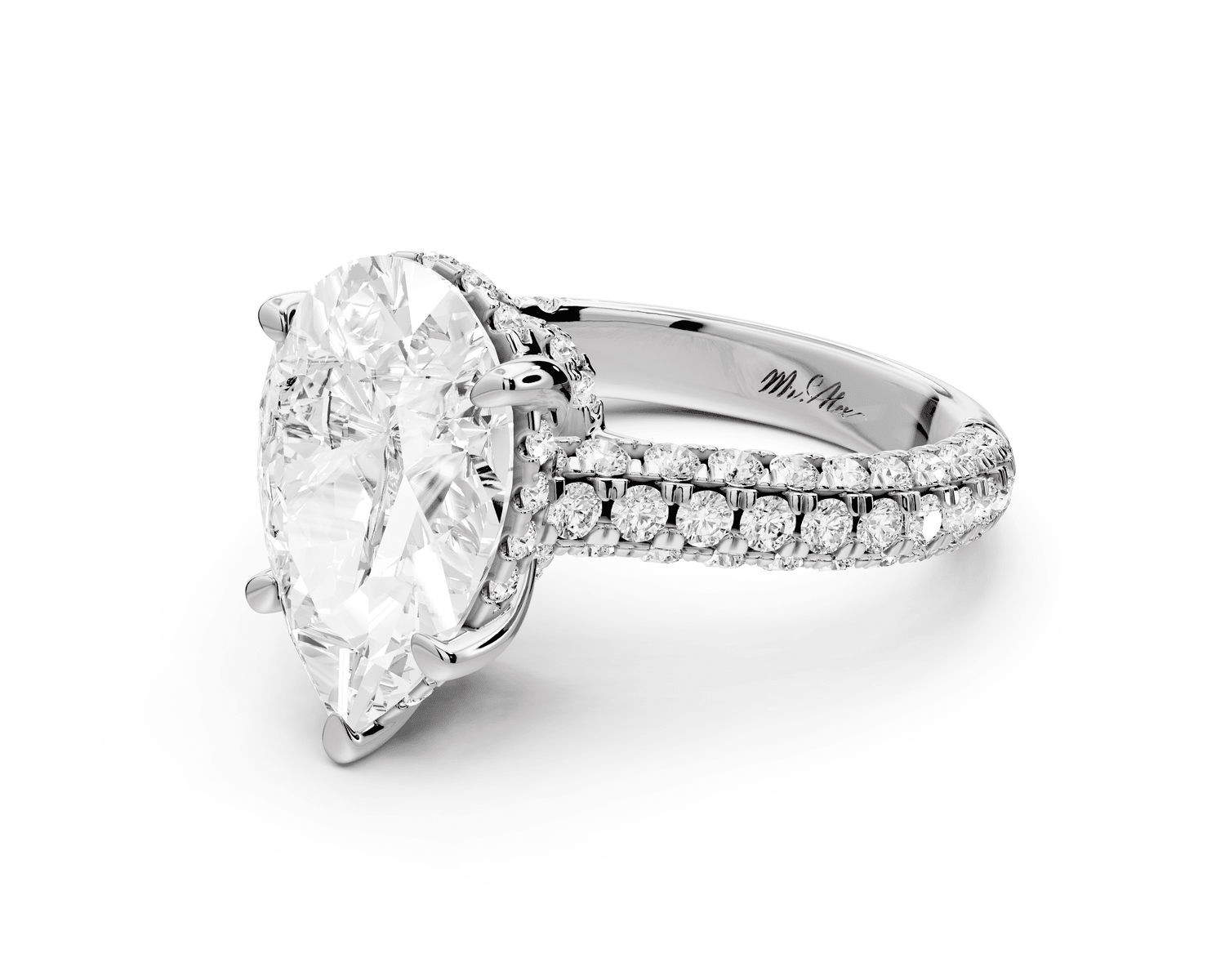 Amoria - 4ct platinum pear Diamond Engagement Ring with Pavé Band & Hidden Halo - Mr. Alex Jewelry