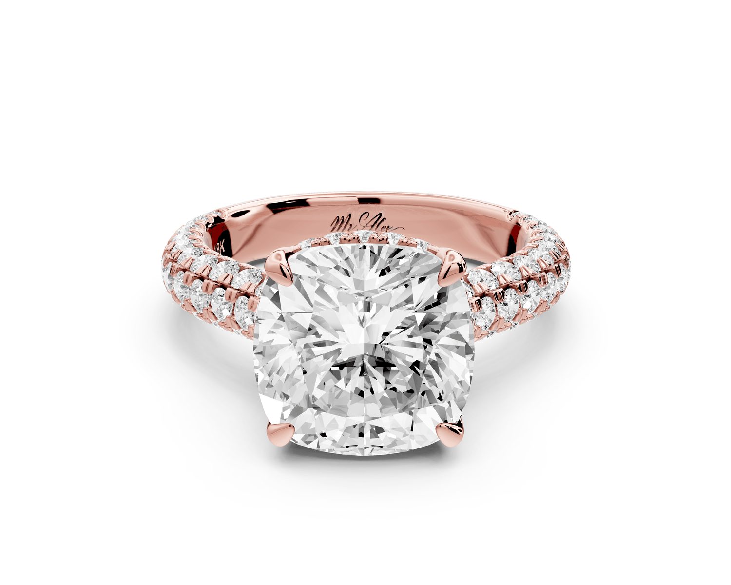Amoria - 5ct 14k rose gold cushion Diamond Engagement Ring with Pavé Band & Hidden Halo - Mr. Alex Jewelry
