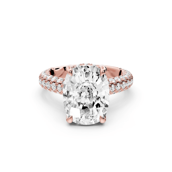 Amoria - 5ct 14k rose gold ecushion Diamond Engagement Ring with Pavé Band & Hidden Halo - Mr. Alex Jewelry
