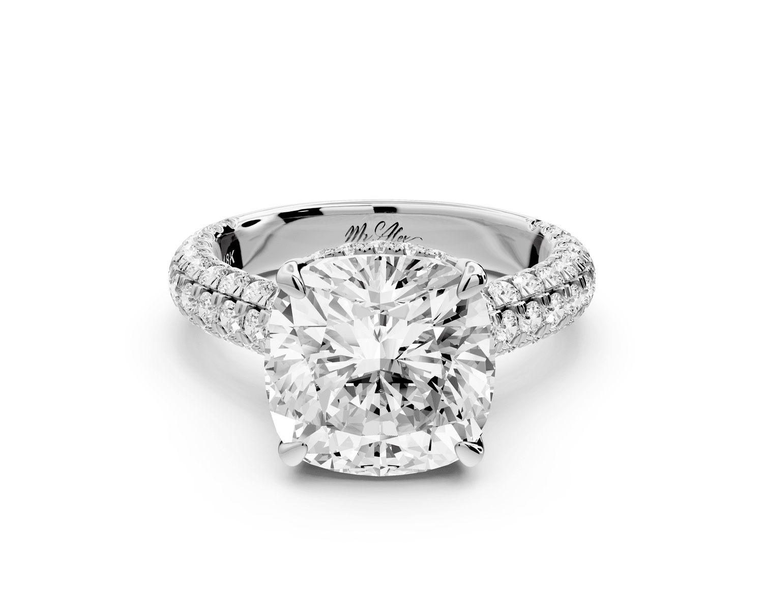 Amoria - 5ct 14k white gold cushion Diamond Engagement Ring with Pavé Band & Hidden Halo - Mr. Alex Jewelry