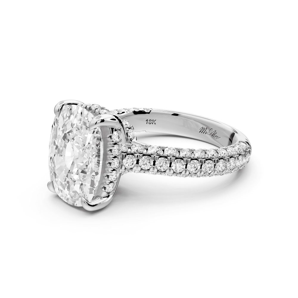 Amoria - 5ct 14k white gold ecushion Diamond Engagement Ring with Pavé Band & Hidden Halo - Mr. Alex Jewelry