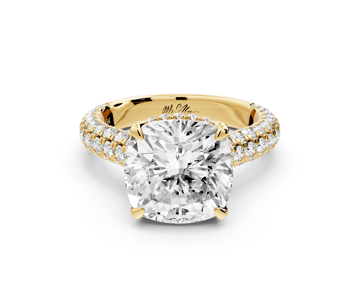 Amoria - 5ct 14k yellow gold cushion Diamond Engagement Ring with Pavé Band & Hidden Halo - Mr. Alex Jewelry