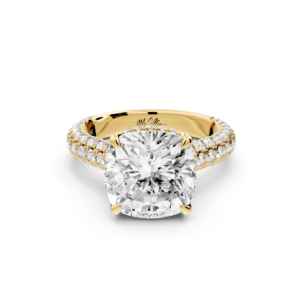 Amoria - 5ct 14k yellow gold cushion Diamond Engagement Ring with Pavé Band & Hidden Halo - Mr. Alex Jewelry