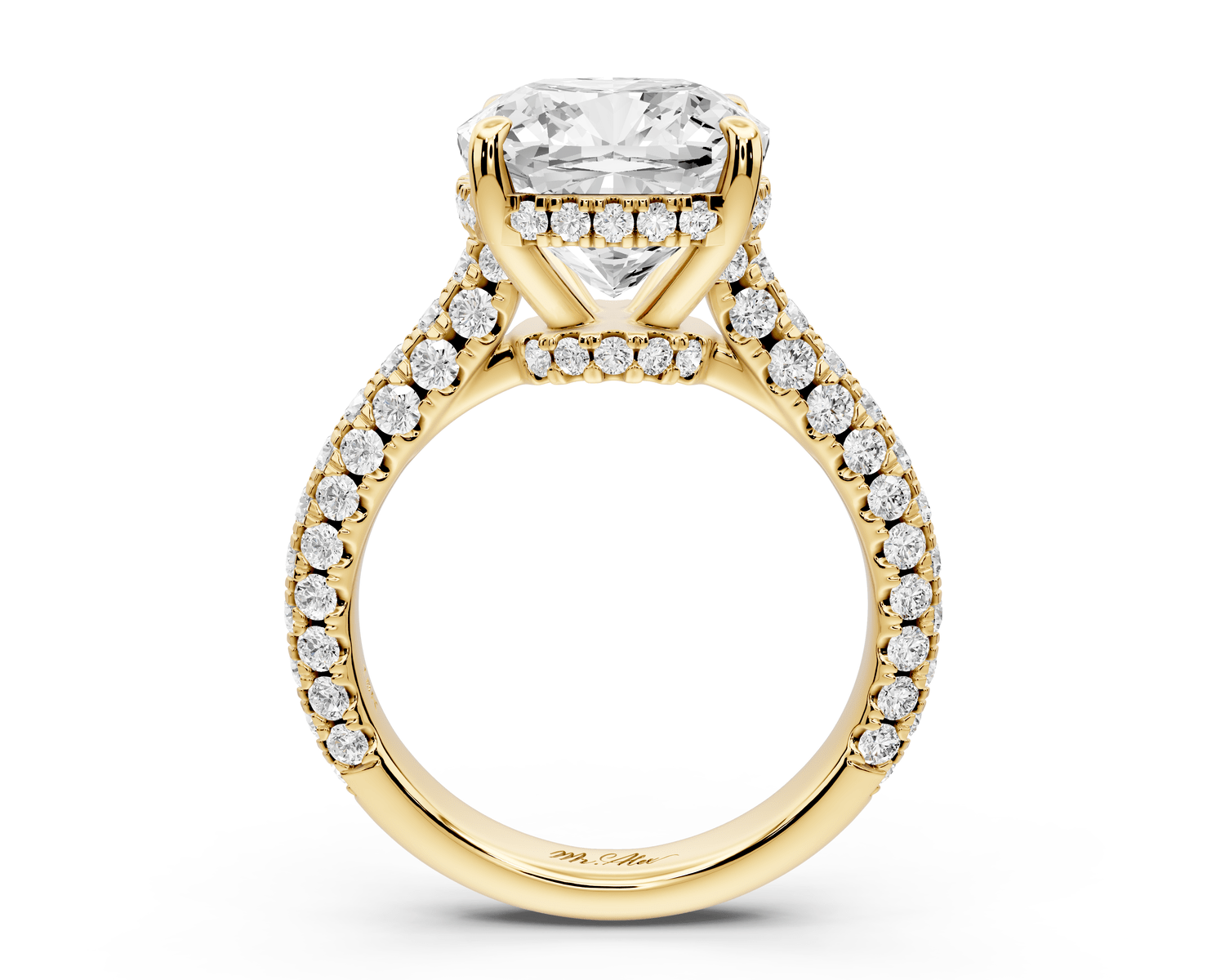 Amoria - 5ct 14k yellow gold cushion Diamond Engagement Ring with Pavé Band & Hidden Halo - Mr. Alex Jewelry