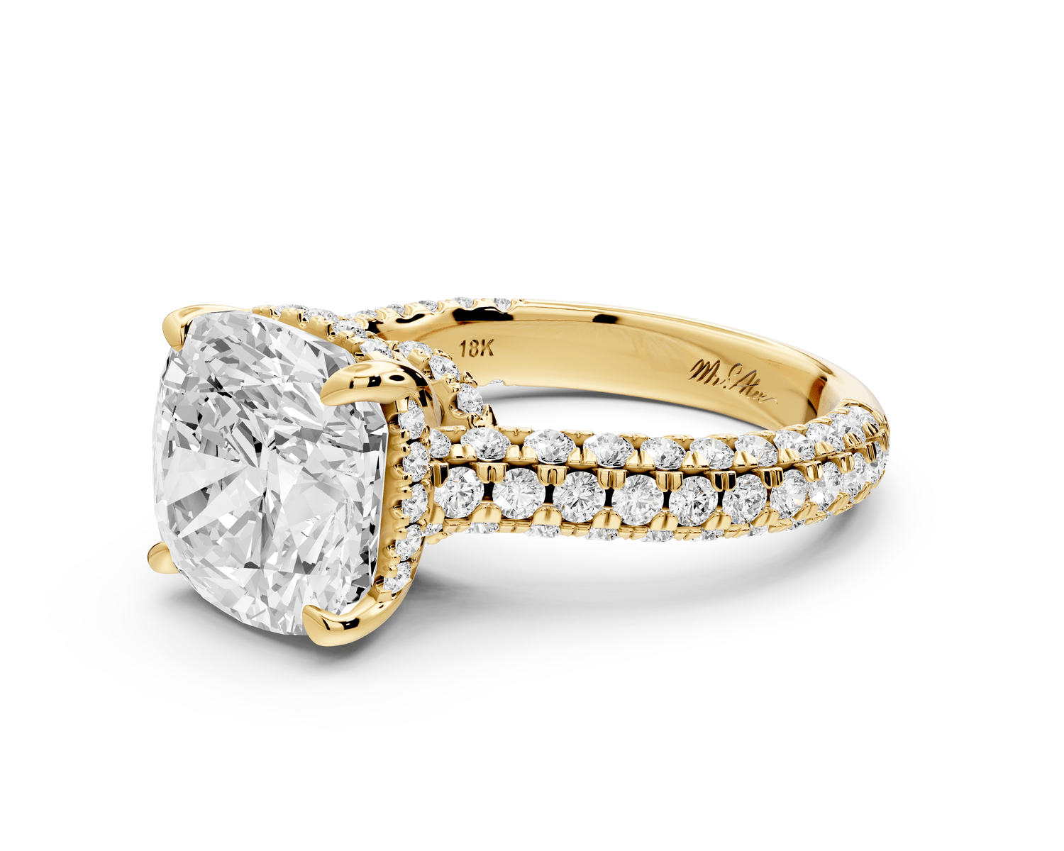 Amoria - 5ct 14k yellow gold cushion Diamond Engagement Ring with Pavé Band & Hidden Halo - Mr. Alex Jewelry
