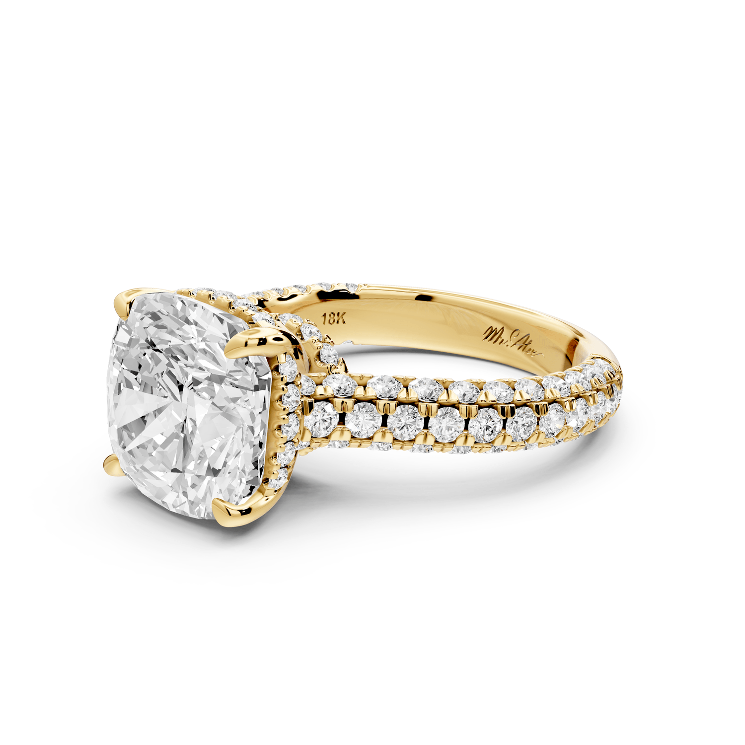 Amoria - 5ct 14k yellow gold cushion Diamond Engagement Ring with Pavé Band & Hidden Halo - Mr. Alex Jewelry