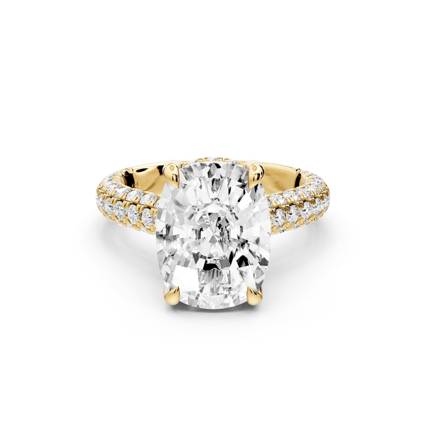 Amoria - 5ct 14k yellow gold ecushion Diamond Engagement Ring with Pavé Band & Hidden Halo - Mr. Alex Jewelry