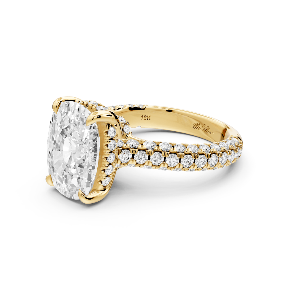 Amoria - 5ct 14k yellow gold ecushion Diamond Engagement Ring with Pavé Band & Hidden Halo - Mr. Alex Jewelry