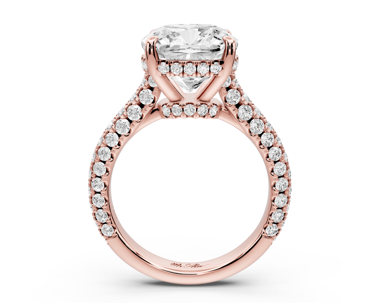 Amoria - 5ct 18k rose gold cushion Diamond Engagement Ring with Pavé Band & Hidden Halo - Mr. Alex Jewelry