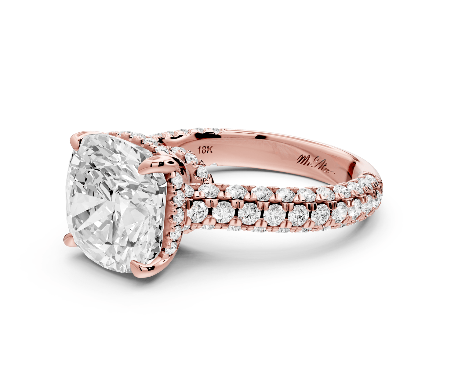 Amoria - 5ct 18k rose gold cushion Diamond Engagement Ring with Pavé Band & Hidden Halo - Mr. Alex Jewelry