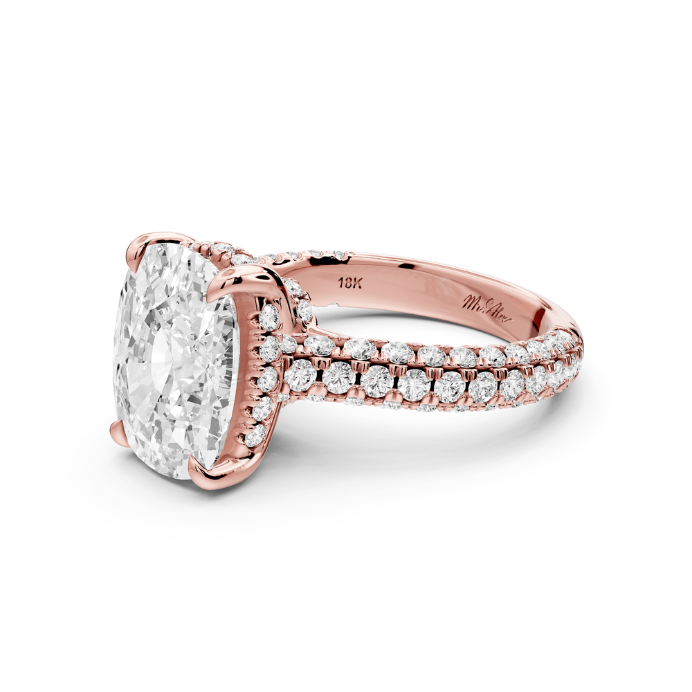 Amoria - 5ct 18k rose gold ecushion Diamond Engagement Ring with Pavé Band & Hidden Halo - Mr. Alex Jewelry