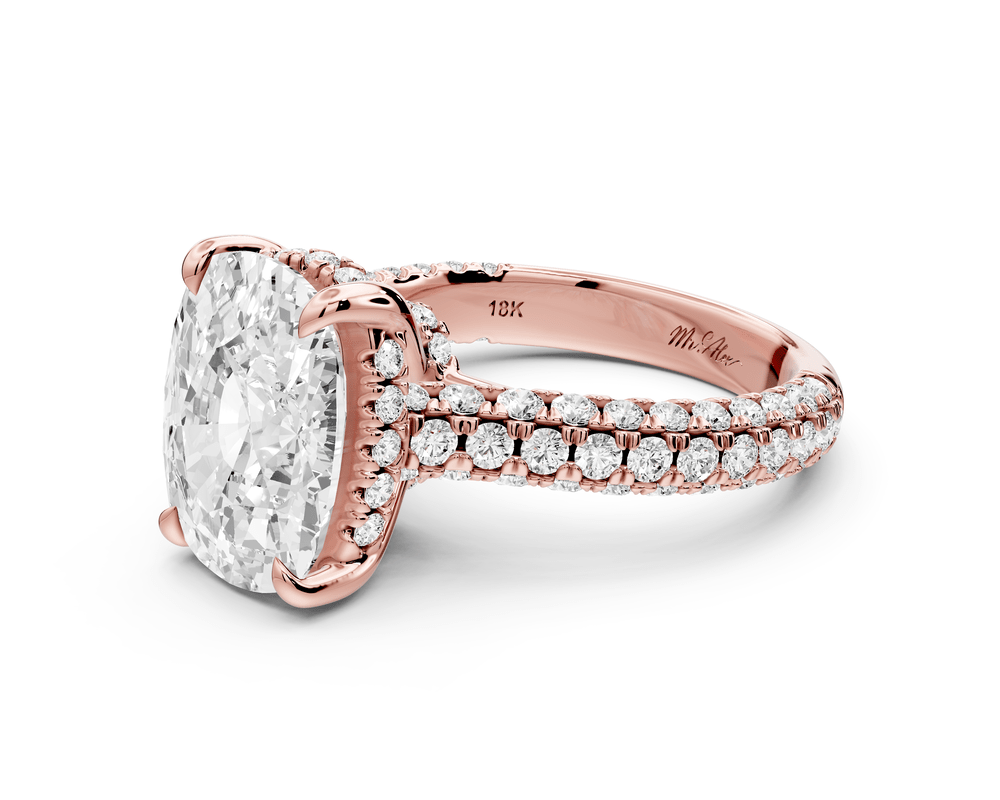 Amoria - 5ct 18k rose gold ecushion Diamond Engagement Ring with Pavé Band & Hidden Halo - Mr. Alex Jewelry