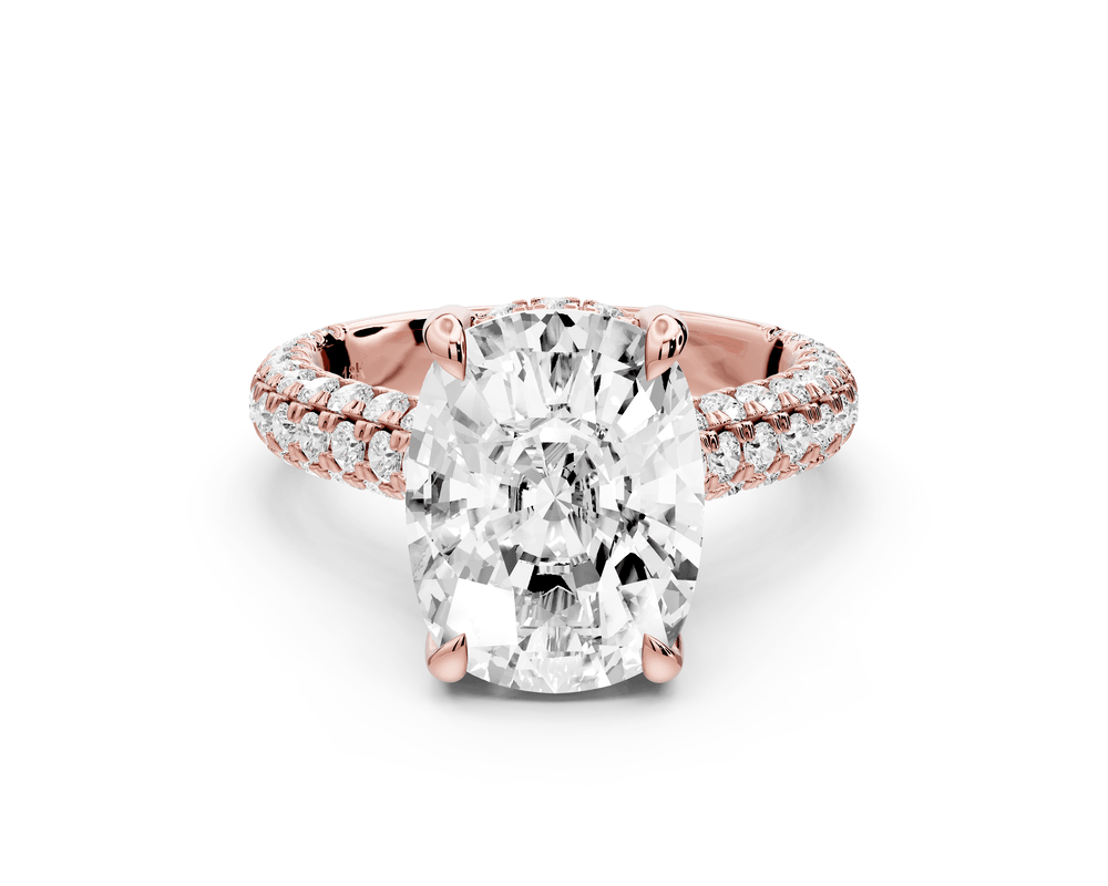 Amoria - 5ct 18k rose gold ecushion Diamond Engagement Ring with Pavé Band & Hidden Halo - Mr. Alex Jewelry