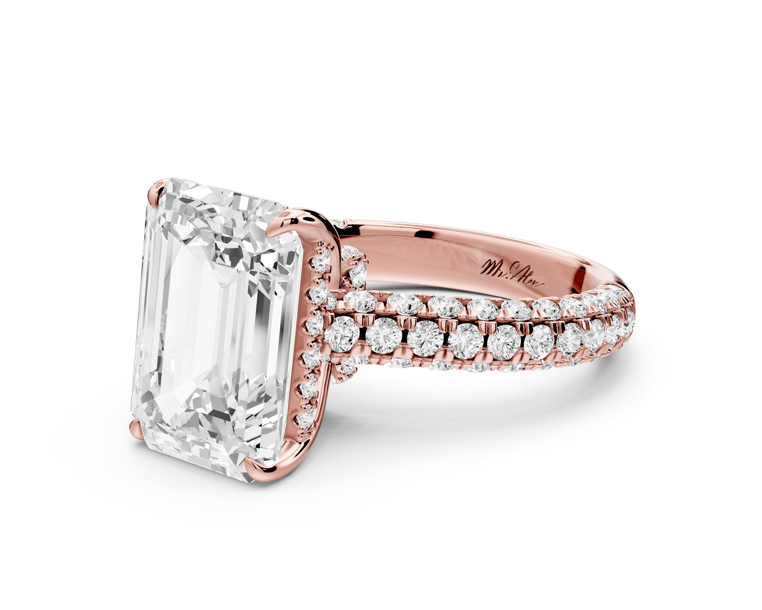 Amoria - 5ct 18k rose gold emerald Diamond Engagement Ring with Pavé Band & Hidden Halo - Mr. Alex Jewelry