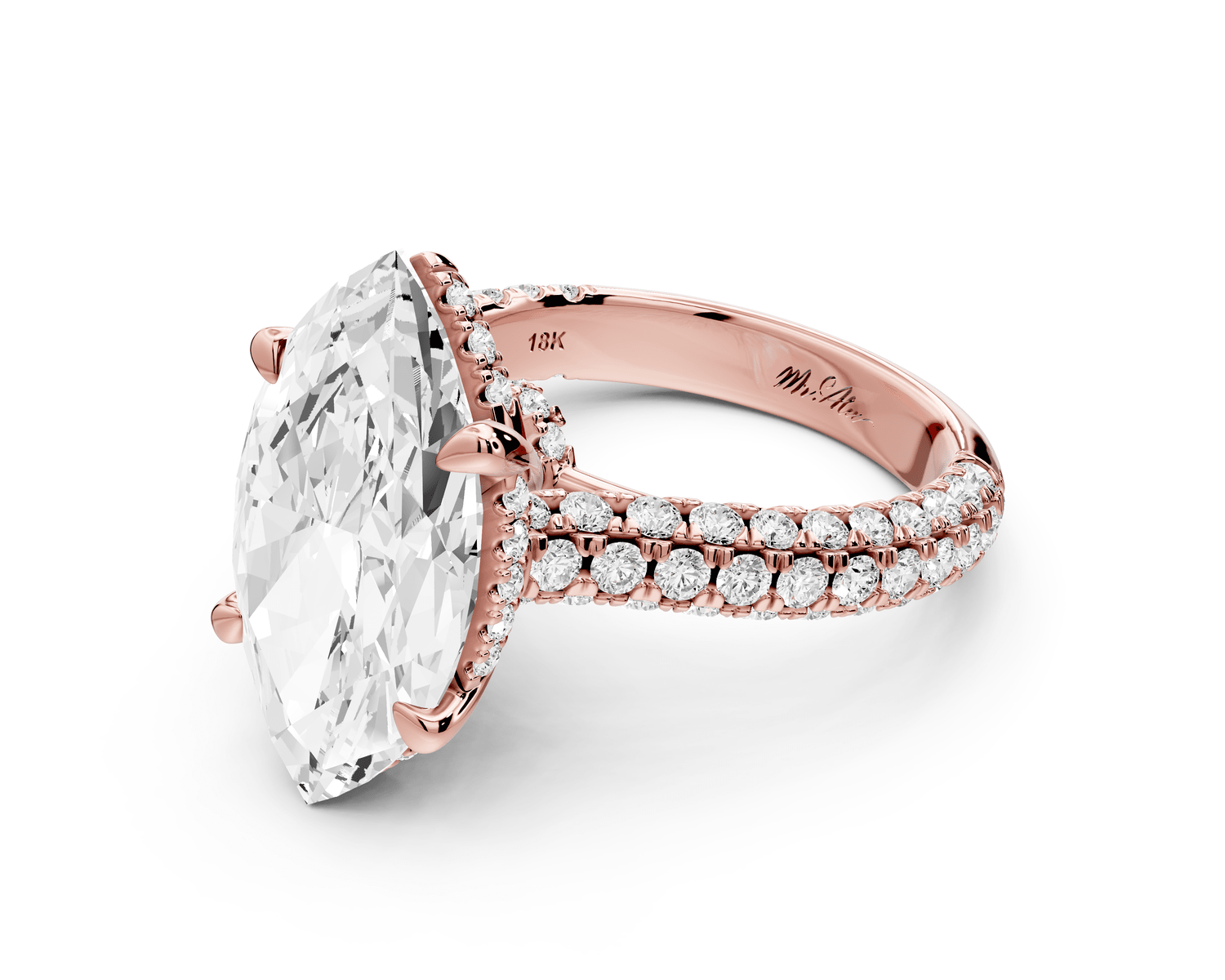 Amoria - 5ct 18k rose gold marquise Diamond Engagement Ring with Pavé Band & Hidden Halo - Mr. Alex Jewelry