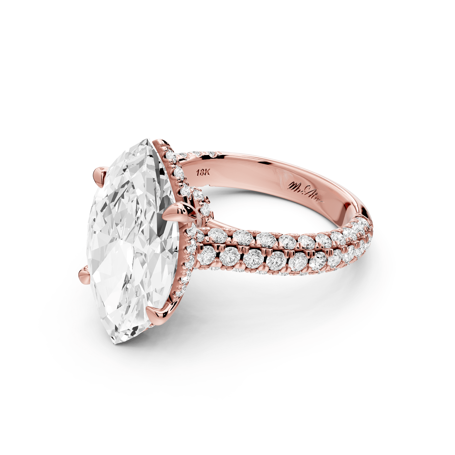 Amoria - 5ct 18k rose gold marquise Diamond Engagement Ring with Pavé Band & Hidden Halo - Mr. Alex Jewelry