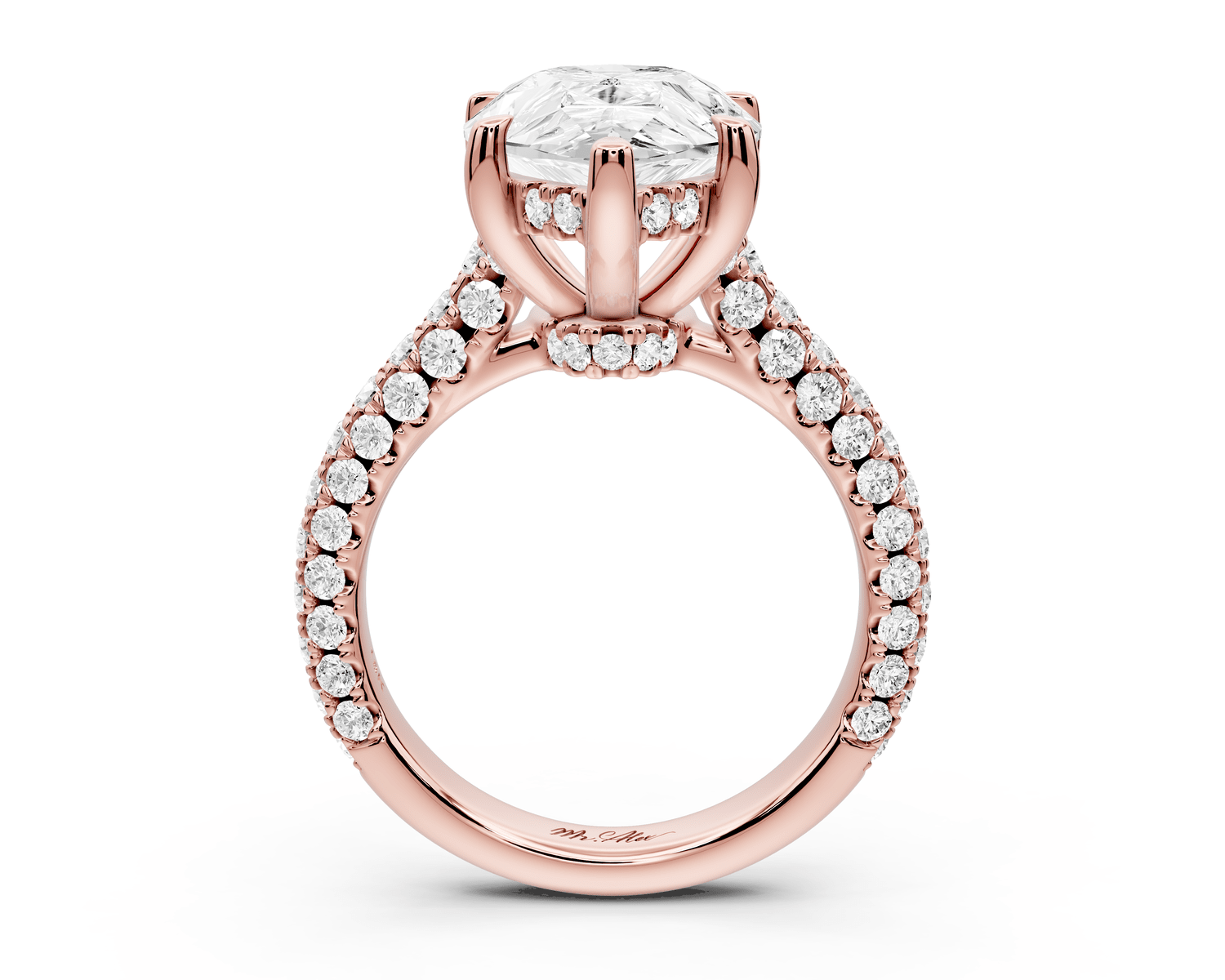Amoria - 5ct 18k rose gold pear Diamond Engagement Ring with Pavé Band & Hidden Halo - Mr. Alex Jewelry