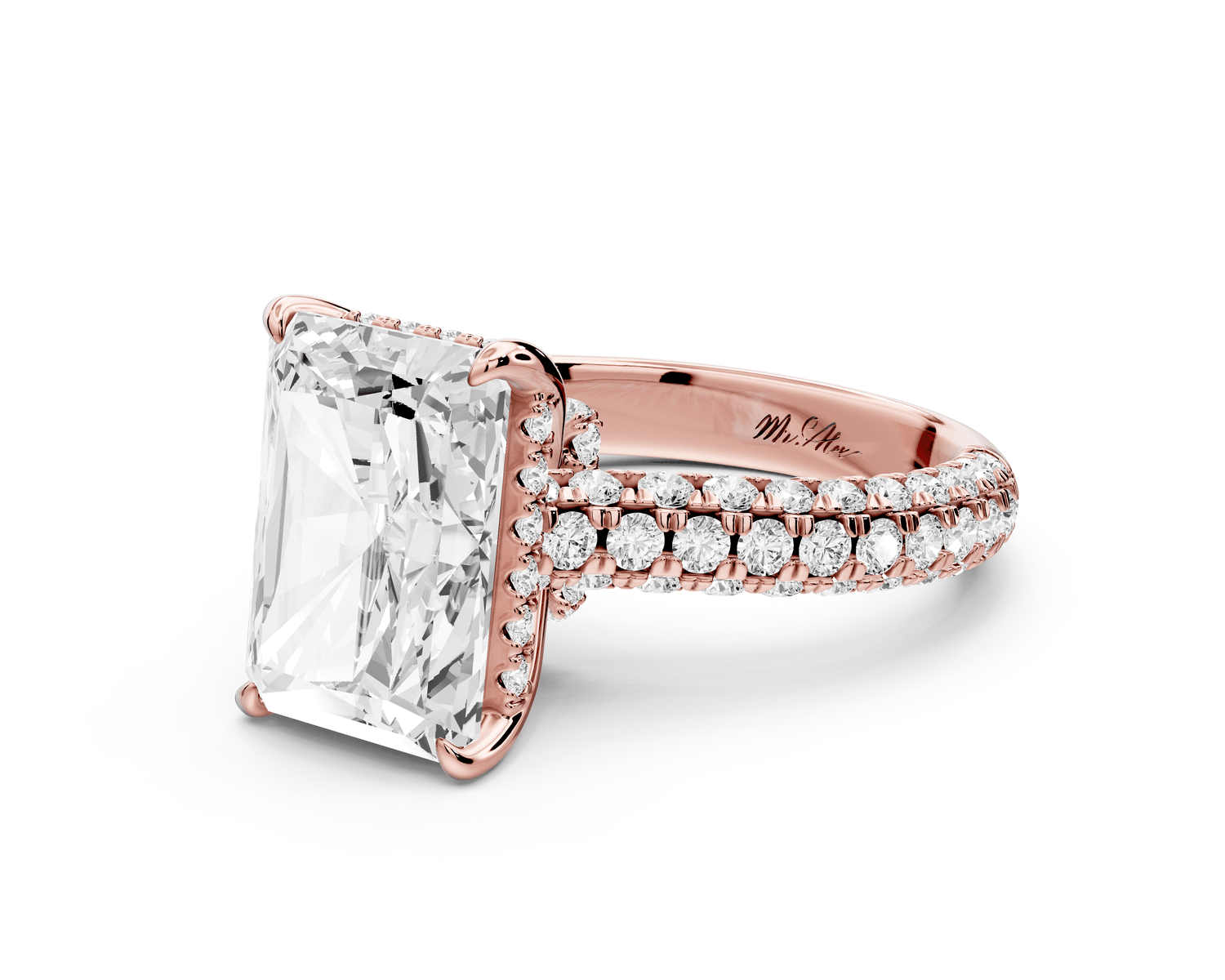 Amoria - 5ct 18k rose gold radiant Diamond Engagement Ring with Pavé Band & Hidden Halo - Mr. Alex Jewelry