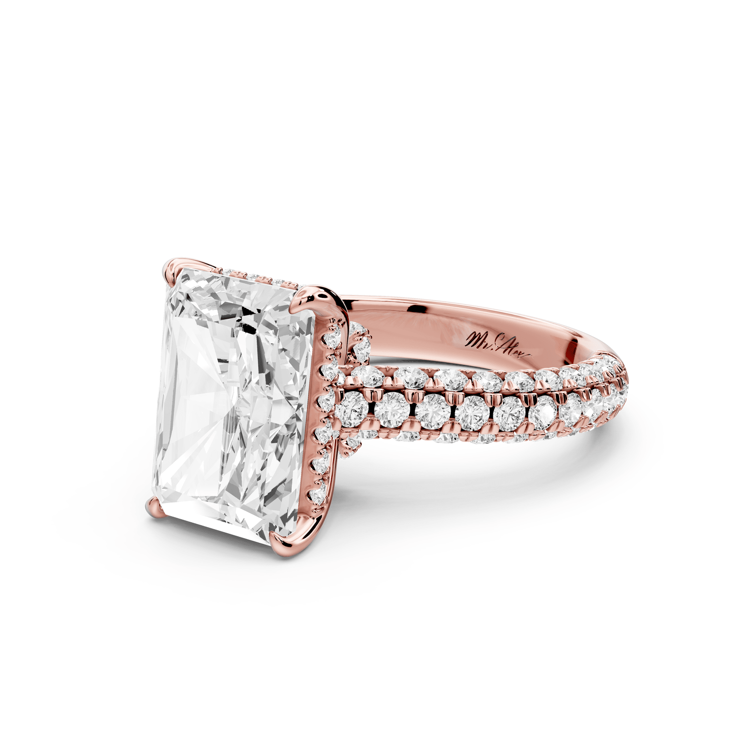 Amoria - 5ct 18k rose gold radiant Diamond Engagement Ring with Pavé Band & Hidden Halo - Mr. Alex Jewelry