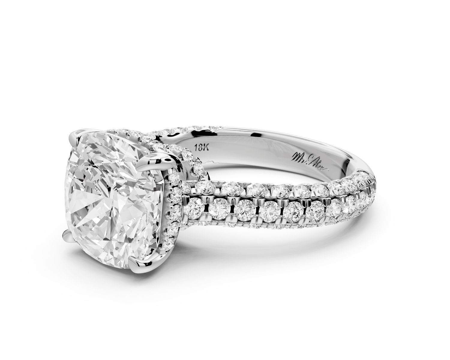 Amoria - 5ct 18k white gold cushion Diamond Engagement Ring with Pavé Band & Hidden Halo - Mr. Alex Jewelry